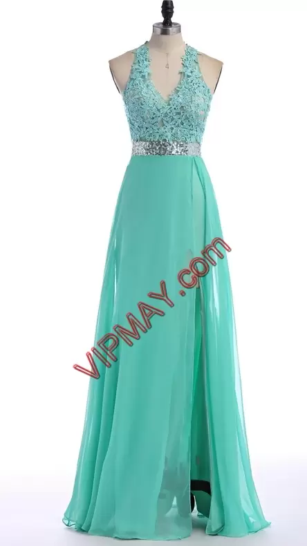 Beading and Lace and Belt Junior Homecoming Dress Turquoise Backless Sleeveless Floor Length