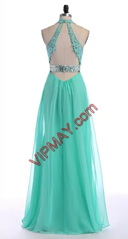 Beading and Lace and Belt Junior Homecoming Dress Turquoise Backless Sleeveless Floor Length