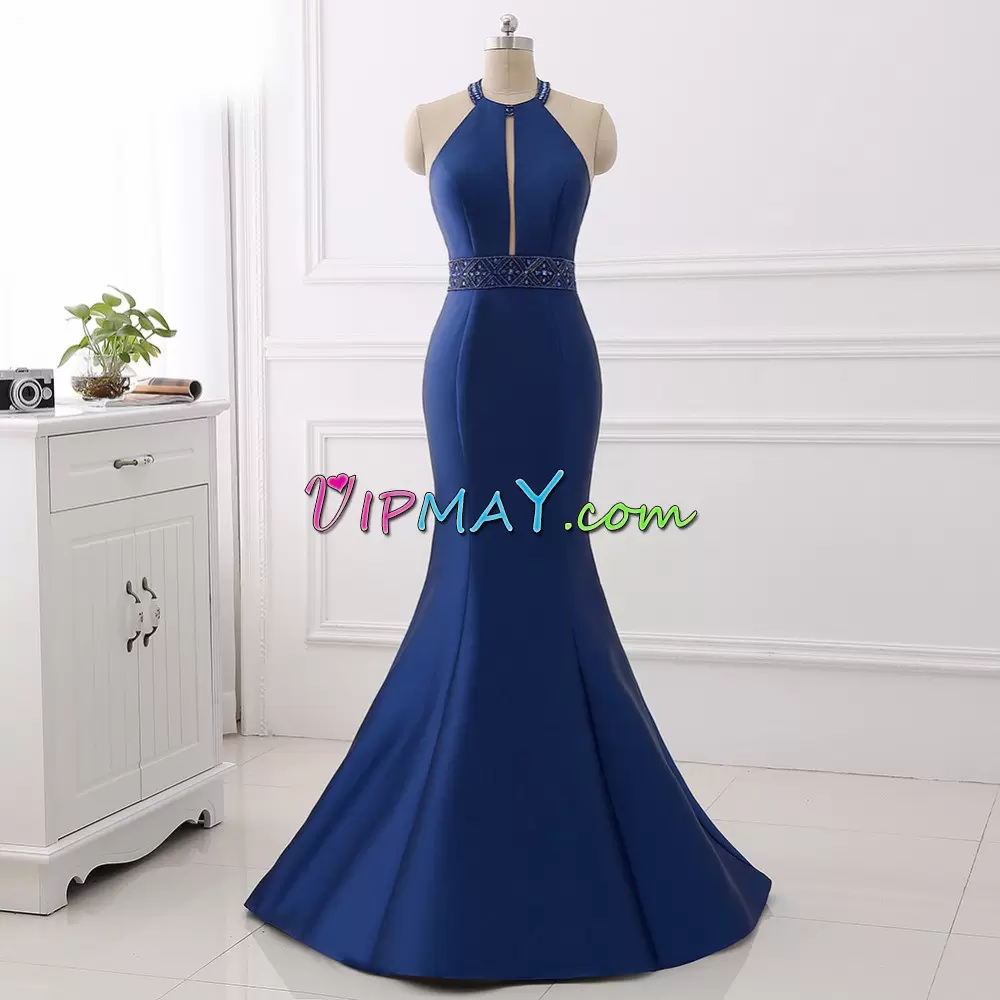 Artistic Royal Blue Sleeveless Sweep Train Beading Womens Evening Dresses