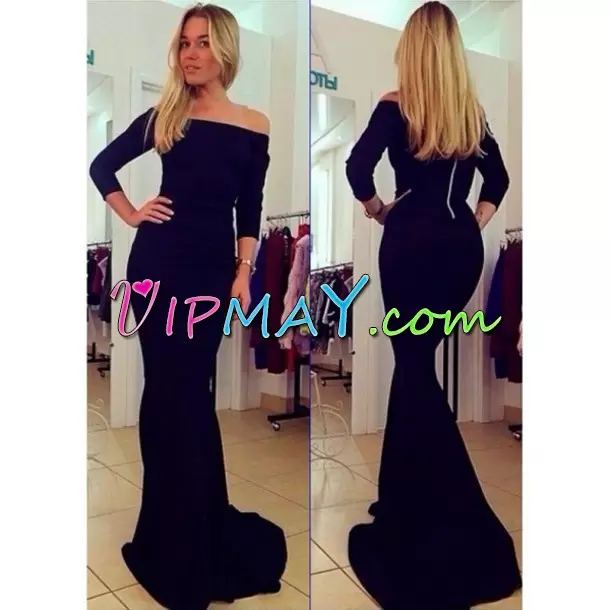 High Class Black Satin Lace Up Sweetheart Long Sleeves Floor Length Junior Homecoming Dress Ruching