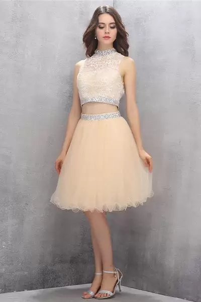 Top Selling Champagne Two Pieces Beading and Lace Prom Gown Backless Tulle Sleeveless Mini Length