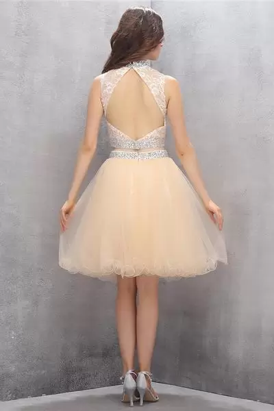 Top Selling Champagne Two Pieces Beading and Lace Prom Gown Backless Tulle Sleeveless Mini Length