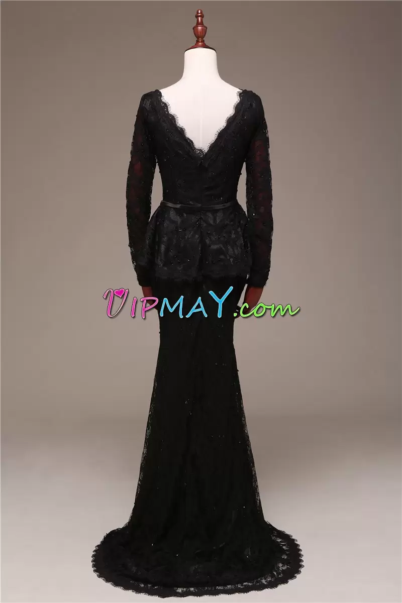 Unique Long Sleeves V-neck Sweep Train Lace and Belt Zipper Prom Party Dress