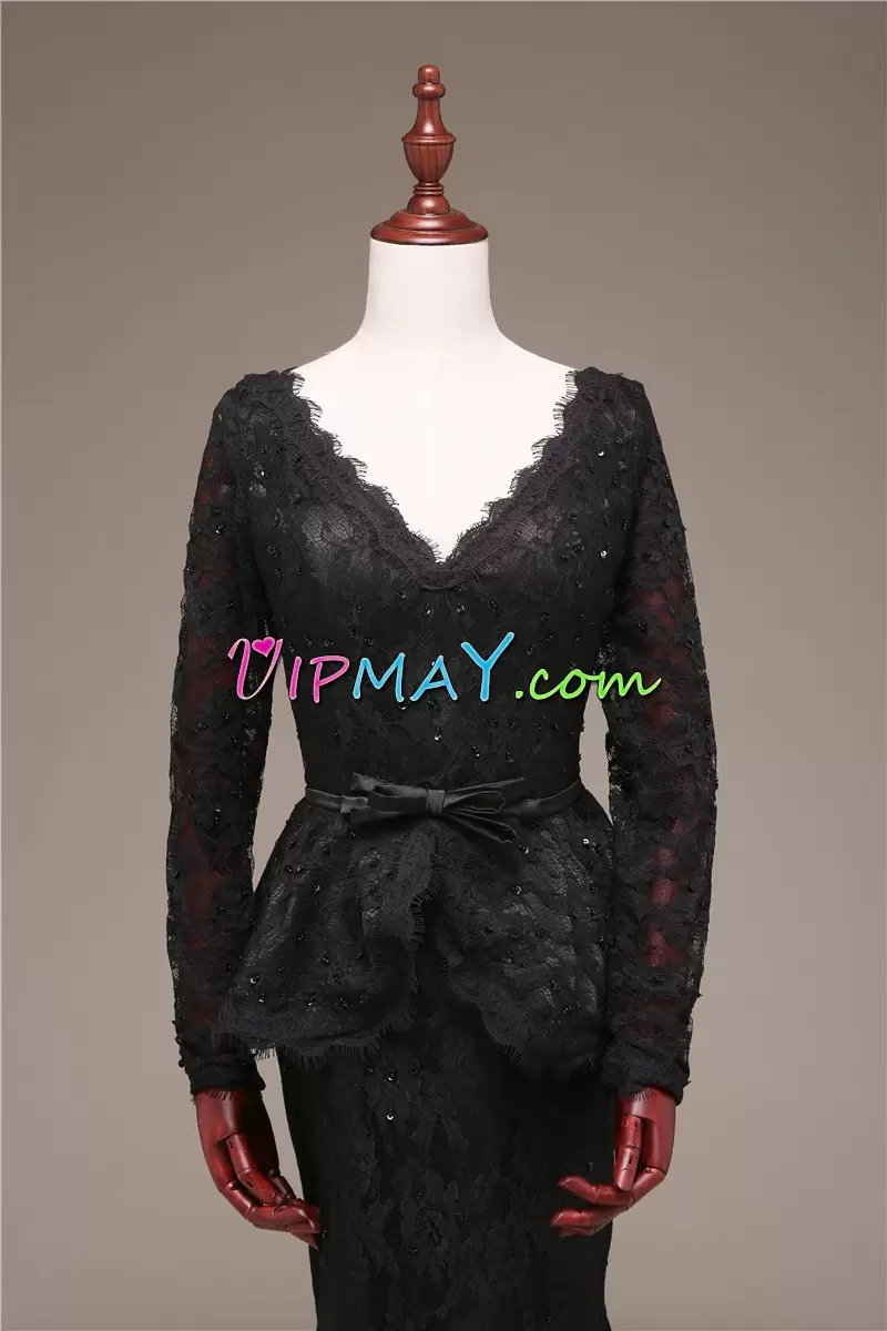 Unique Long Sleeves V-neck Sweep Train Lace and Belt Zipper Prom Party Dress