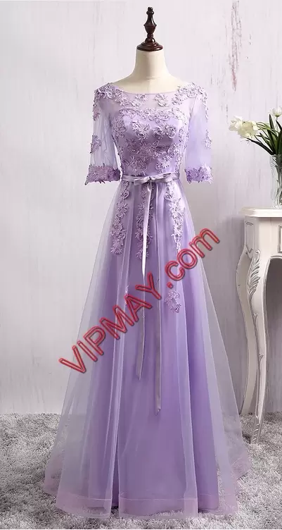 Floor Length Lace Up Prom Dress Lavender for Prom and Party with Beading and Lace Sweep Train