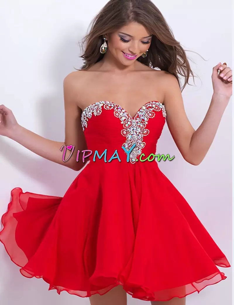 Red Sleeveless Beading Mini Length Prom Evening Gown