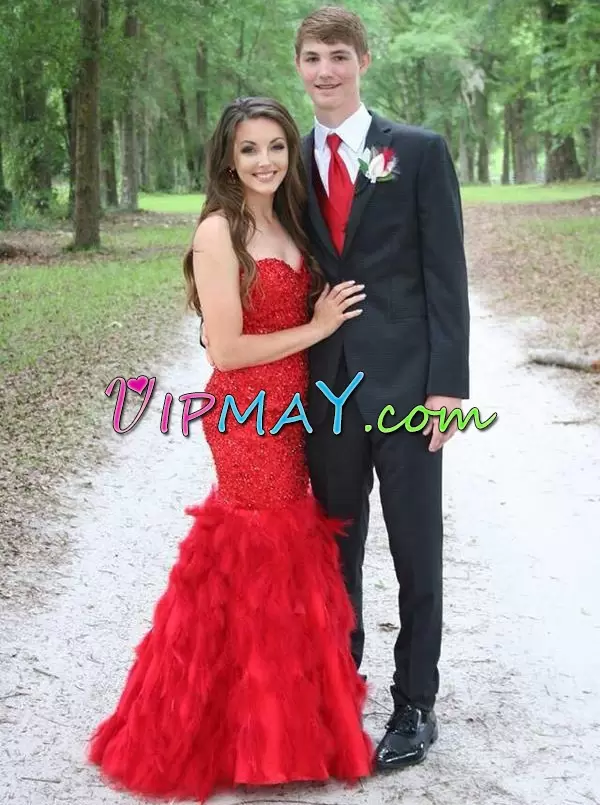 Red Prom Homecoming Dress Prom and Party with Beading and Ruffles Sweetheart Sleeveless Sweep Train Lace Up