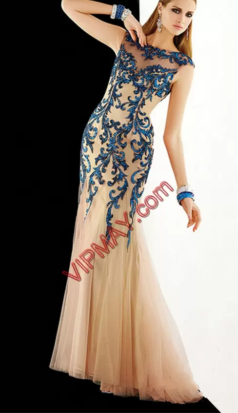 Sleeveless Satin Floor Length Lace Up Prom Gown in Blue with Beading and Lace