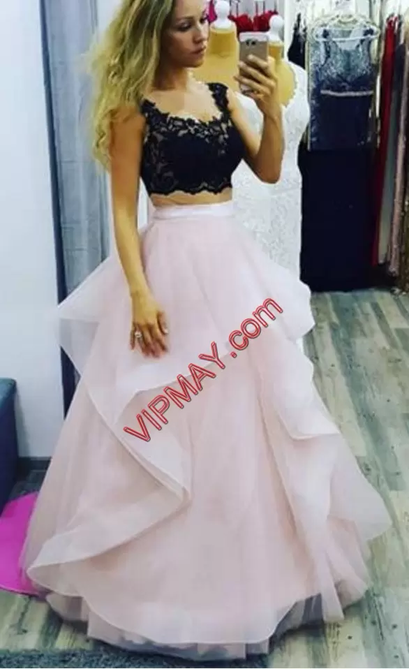 Floor Length A-line Sleeveless Black and Pink Prom Gown Zipper