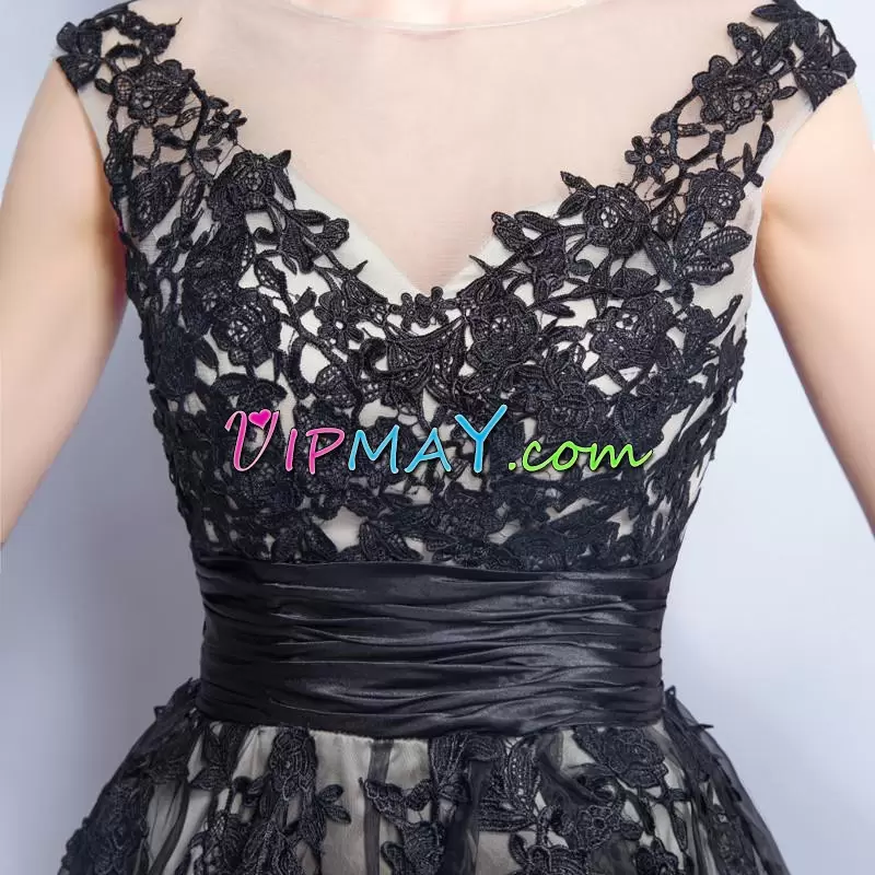 Perfect Tulle Scoop Sleeveless Lace Up Lace Prom Evening Gown in Black