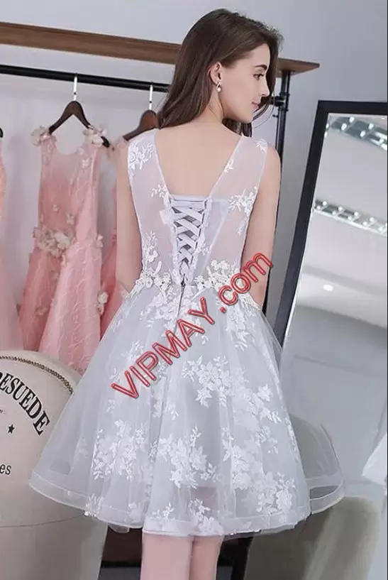 Elegant Mini Length Grey Prom Gown Scoop Sleeveless Lace Up