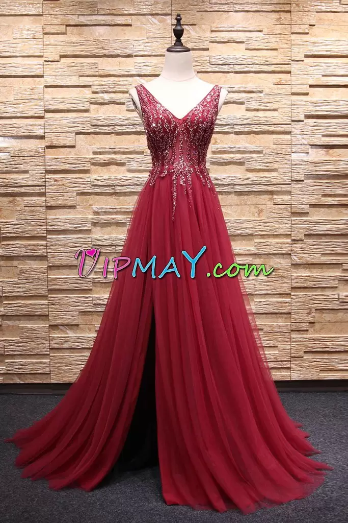 Shining Burgundy Zipper Prom Homecoming Dress Beading Sleeveless Brush Train