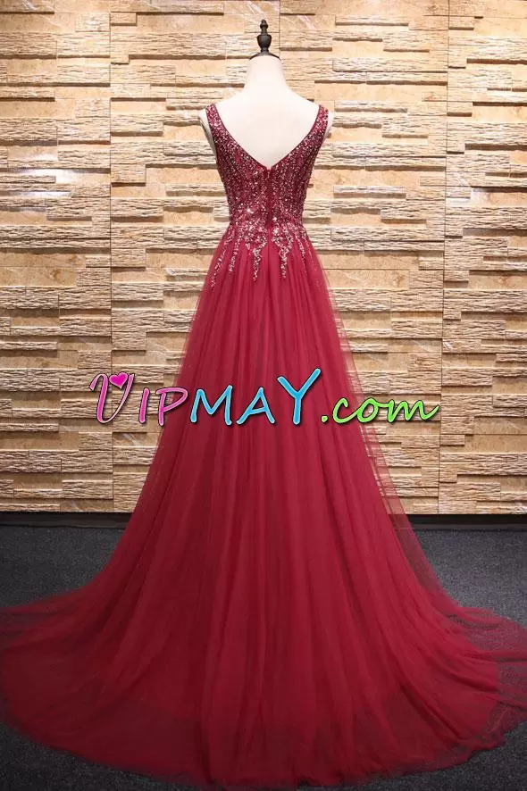 Shining Burgundy Zipper Prom Homecoming Dress Beading Sleeveless Brush Train