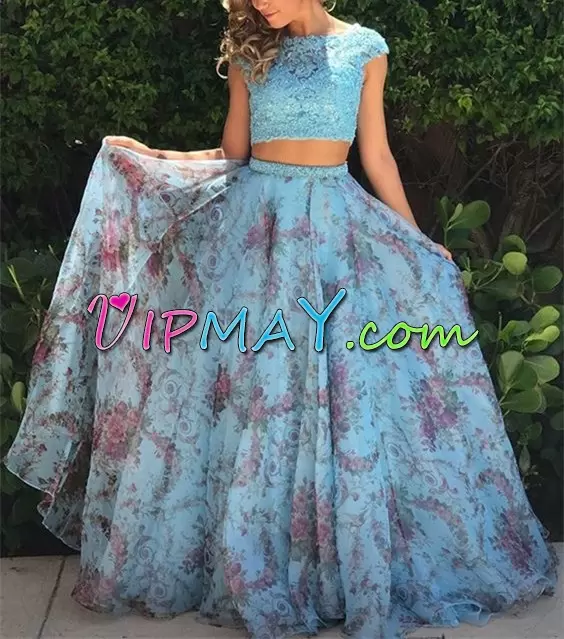 Customized Scoop Cap Sleeves Prom Party Dress Beading and Lace and Pattern Zipper