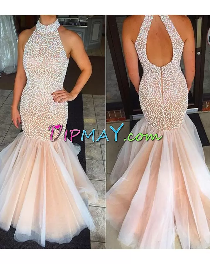 Exceptional Beading Prom Homecoming Dress Pink And White Backless Sleeveless Floor Length