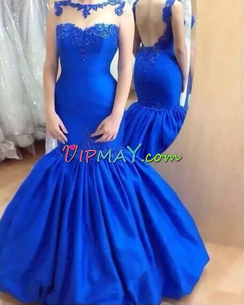 Custom Designed Royal Blue Sleeveless Appliques Floor Length Prom Dress