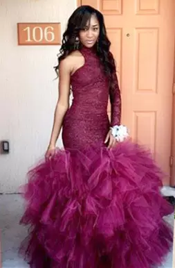 Cheap Burgundy Mermaid Ruffles Prom Homecoming Dress Lace Up Organza Long Sleeves Floor Length