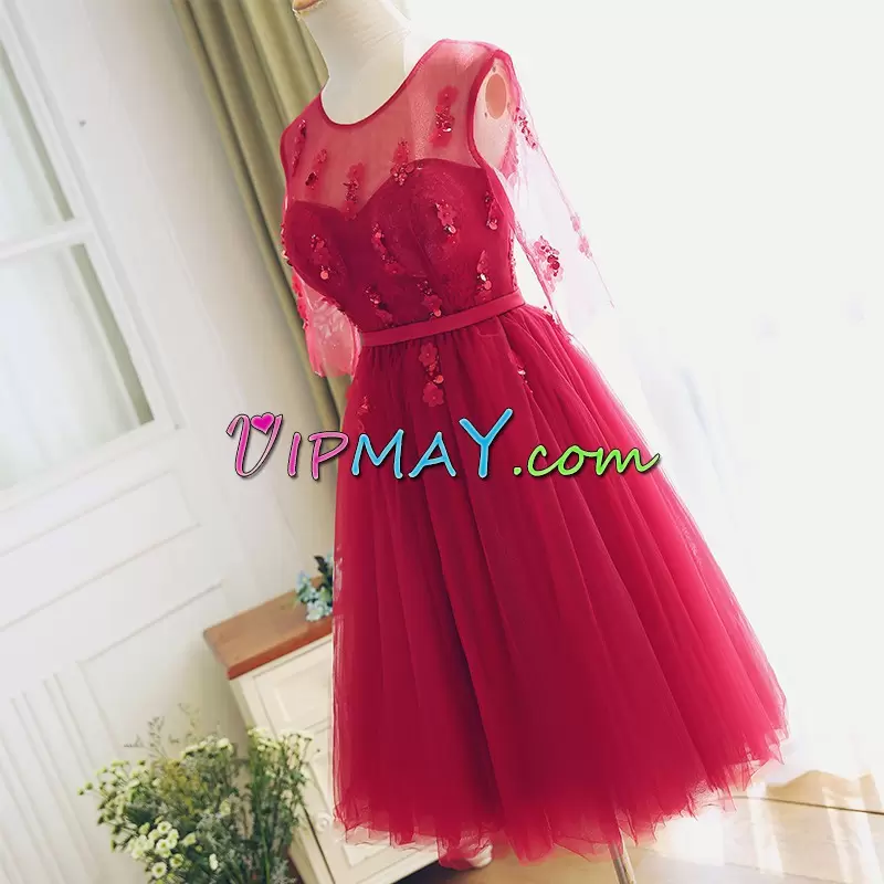 Admirable Red Tulle Prom Evening Gown Half Sleeves Appliques