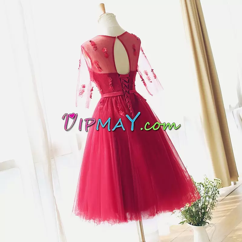 Admirable Red Tulle Prom Evening Gown Half Sleeves Appliques