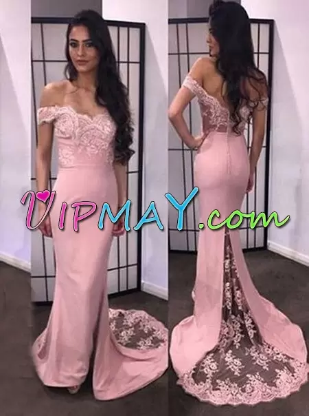 Customized Pink Mermaid Off The Shoulder Sleeveless Sweep Train Lace and Appliques Prom Dress