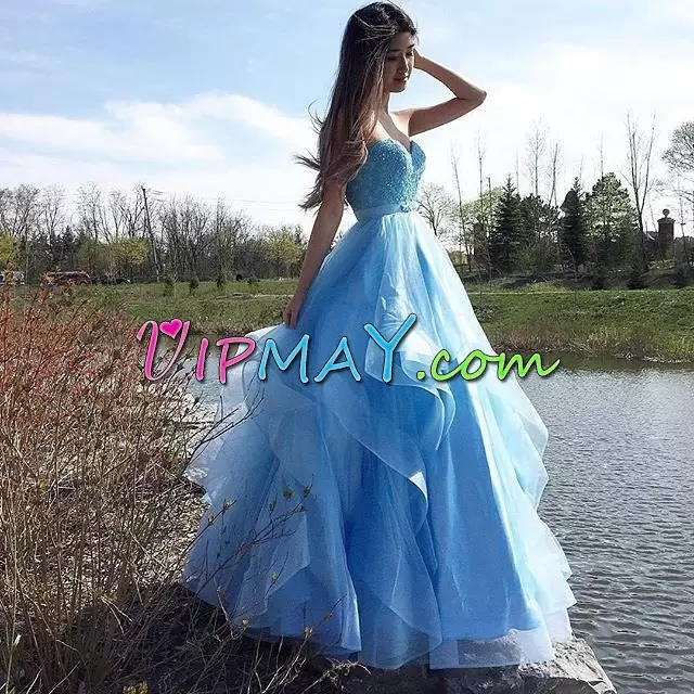 Aqua Blue Prom Gown Prom and Party and Military Ball with Beading Sweetheart Sleeveless Lace Up