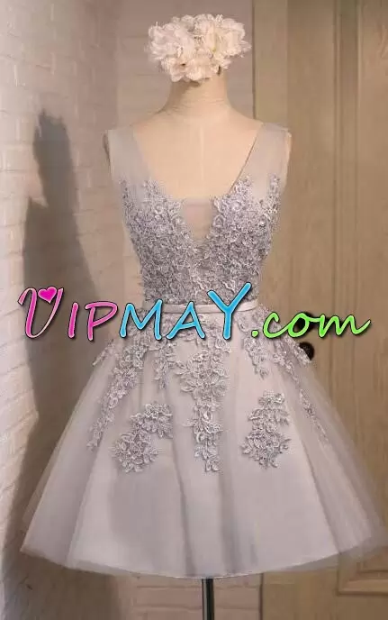 Attractive V-neck Sleeveless Homecoming Party Dress Mini Length Appliques Grey Tulle