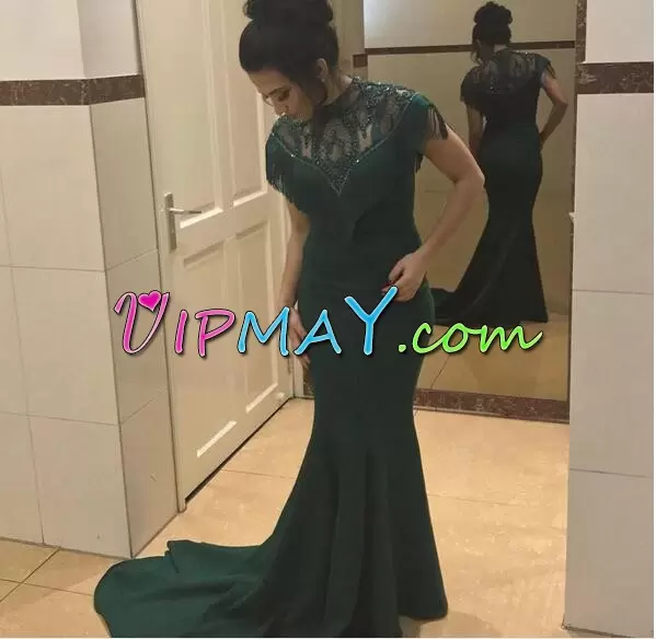 Dynamic Dark Green Satin Zipper Homecoming Gowns Short Sleeves Sweep Train Beading