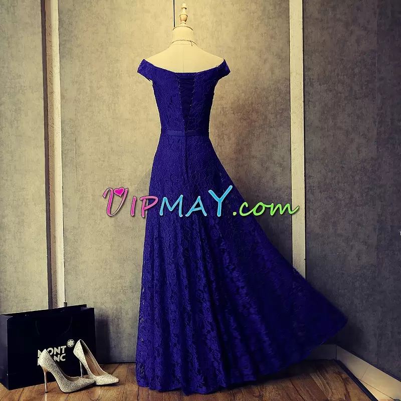 Fitting Royal Blue Cap Sleeves Appliques Floor Length Homecoming Dresses