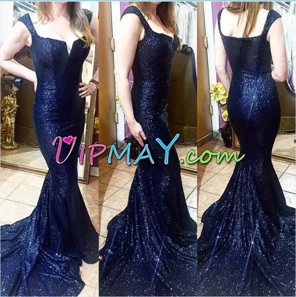 Delicate Mermaid Sleeveless Navy Blue Womens Evening Dresses Brush Train