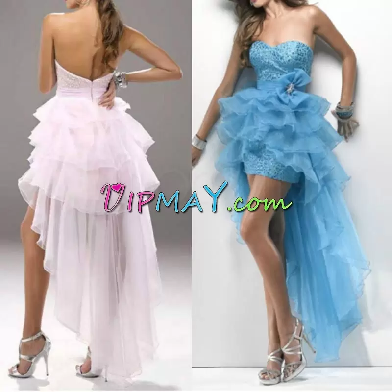 Baby Pink Sleeveless Organza Sweep Train Lace Up Prom Homecoming Dress for Prom and Party