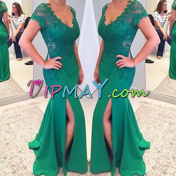 Dark Green Mermaid V-neck Short Sleeves Lace Lace Up Prom Party Dress Sweep Train