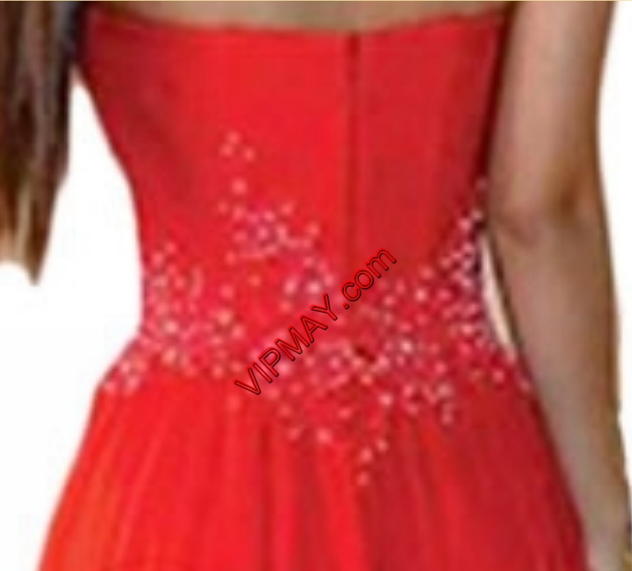 Custom Fit Satin and Chiffon Strapless Sleeveless Sweep Train Lace Up Beading and Lace Prom Gown in White and Red
