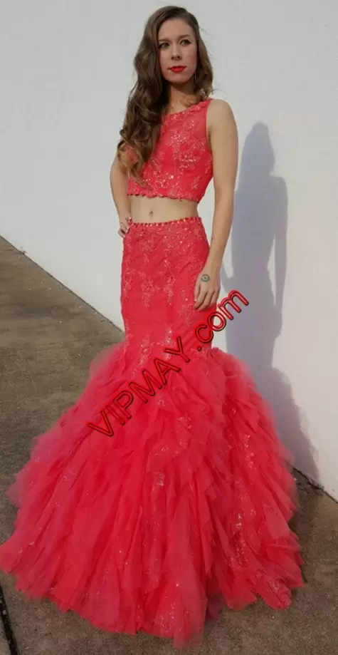 High End Scoop Sleeveless Homecoming Dress Online Sweep Train Beading and Lace and Appliques Red Tulle