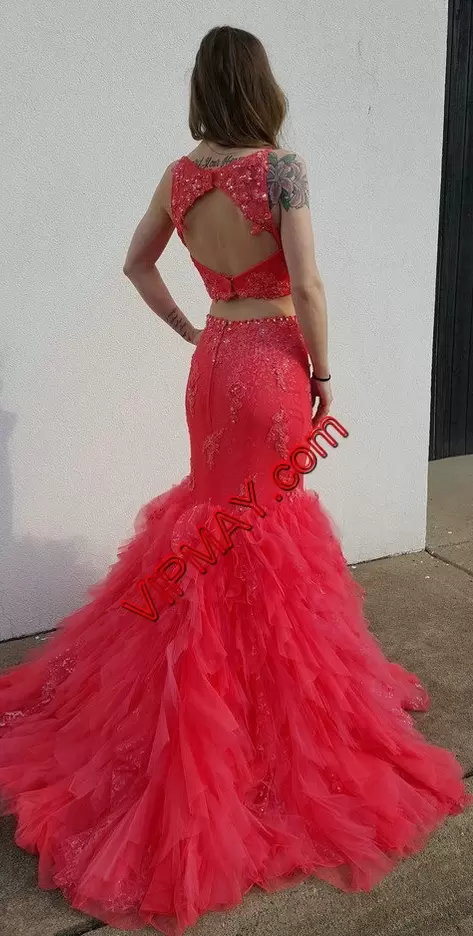 High End Scoop Sleeveless Homecoming Dress Online Sweep Train Beading and Lace and Appliques Red Tulle