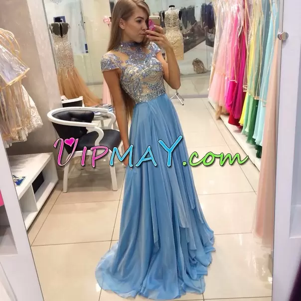 Blue Empire Chiffon High-neck Cap Sleeves Beading Lace Up Homecoming Dress Sweep Train