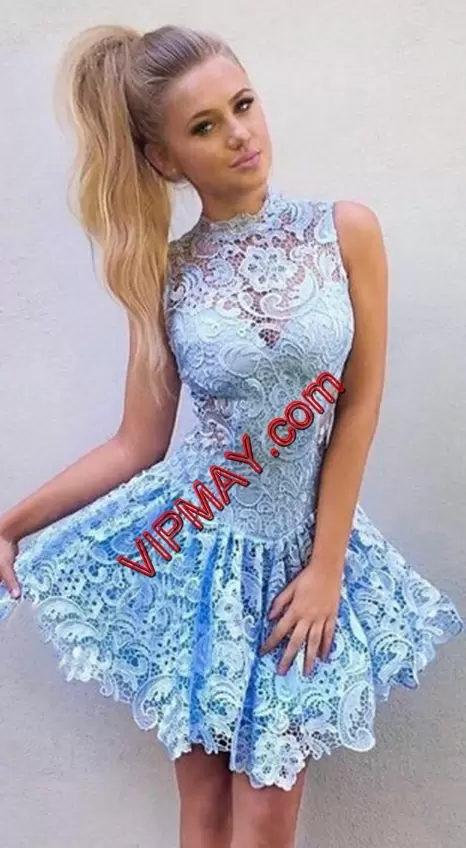 Baby Blue Prom Party Dress Prom and Party and Military Ball with Beading and Appliques High-neck Sleeveless Lace Up