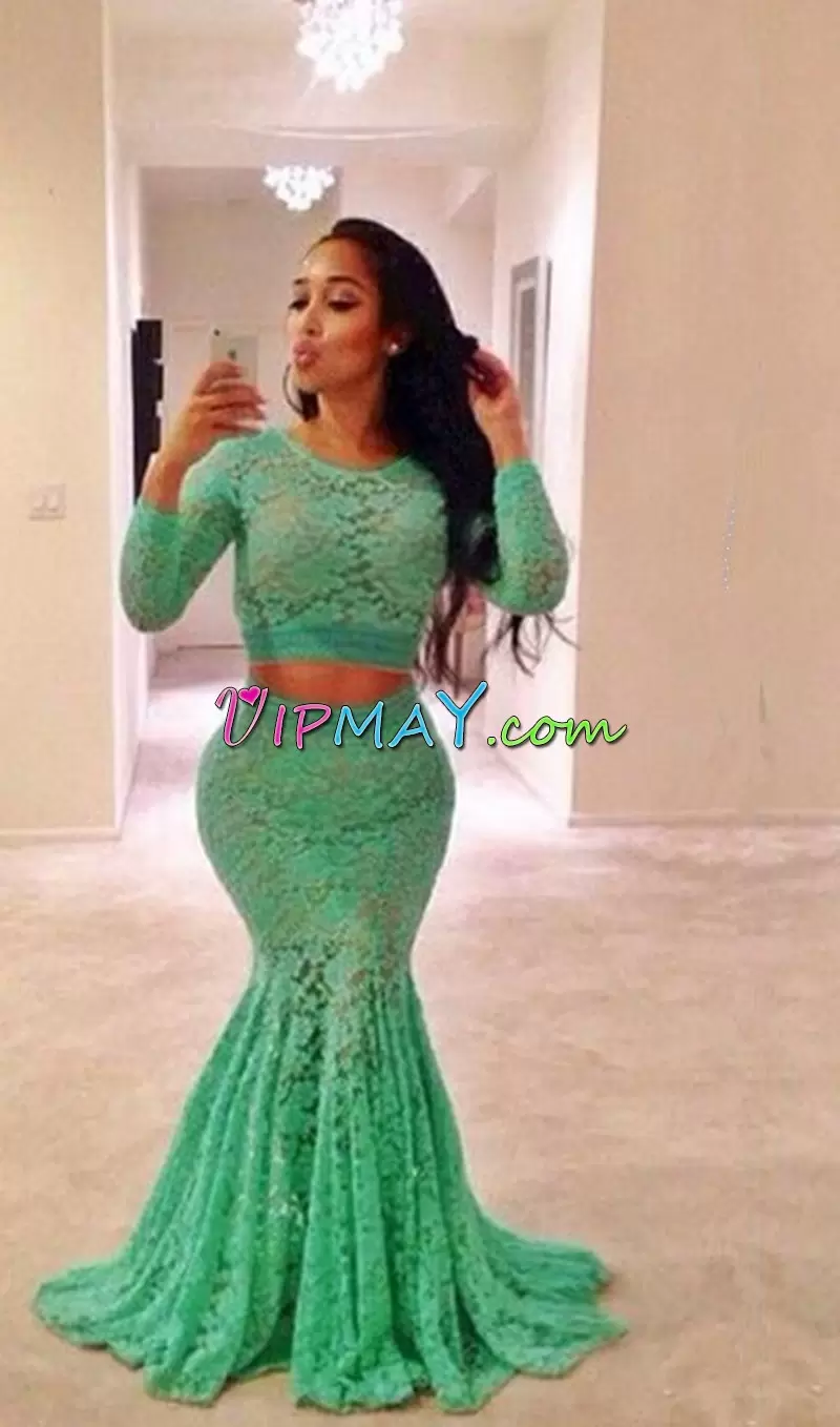 Wonderful Scoop Long Sleeves Sweep Train Lace Up Junior Homecoming Dress Green Lace Lace