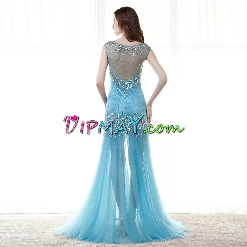 Pretty Blue Mermaid Sweetheart Sleeveless Satin Floor Length Sweep Train Lace Up Beading and Lace Homecoming Dress Online