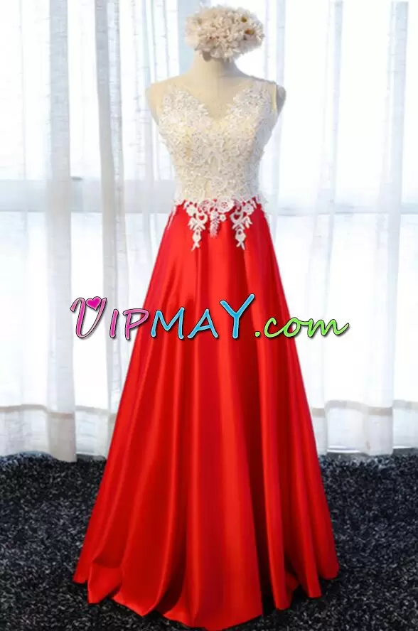 Hot Sale Red Satin Lace Up Hoco Dress Sleeveless Floor Length Lace and Appliques
