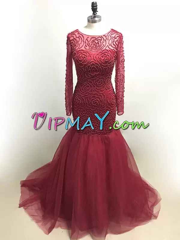 Burgundy Mermaid Tulle Scoop Long Sleeves Beading Lace Up Hoco Dress Sweep Train