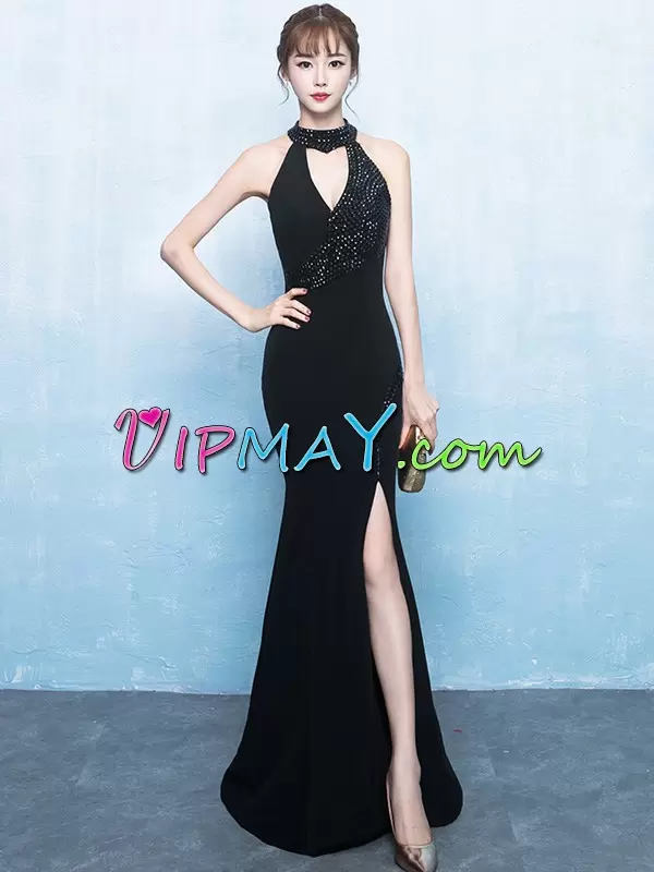 Sleeveless High-neck Zipper Floor Length Beading Hoco Dress High-neck