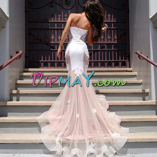 Super With Train Zipper Evening Gowns Champagne for Prom and Party with Appliques Brush Train