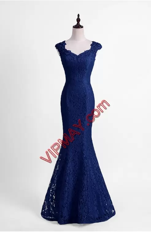Glittering Sleeveless Floor Length Lace Lace Up Prom Party Dress with Blue