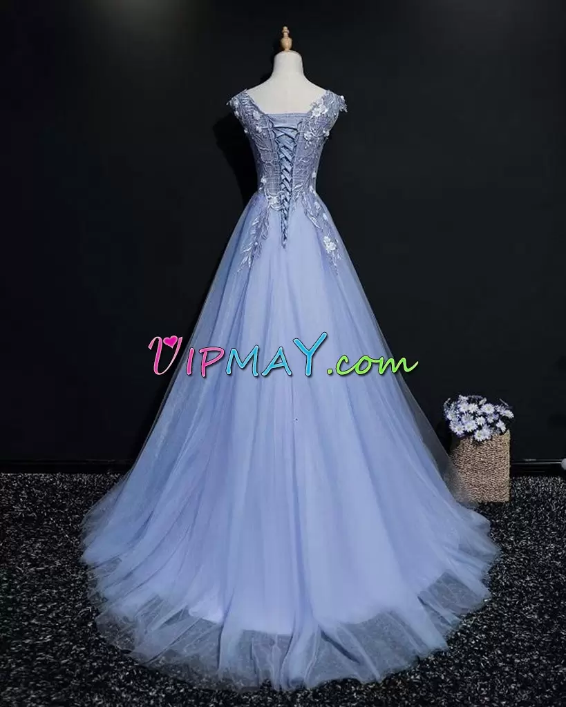 cheap light blue formal dress,light blue long prom dress,blue v neck prom dress,v neck long formal dress,lace prom dress long length,cheap long lace prom dress,long prom dress with trains,prom dress with corset back,