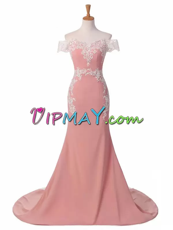 On Sale Pink Mermaid Off The Shoulder Sleeveless Elastic Woven Satin With Brush Train Clasp Handle Beading and Appliques Prom Dresses