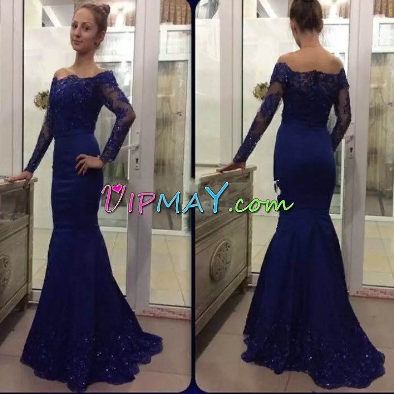 Custom Made Floor Length Zipper Prom Dress Royal Blue for Prom and Party with Appliques Sweep Train