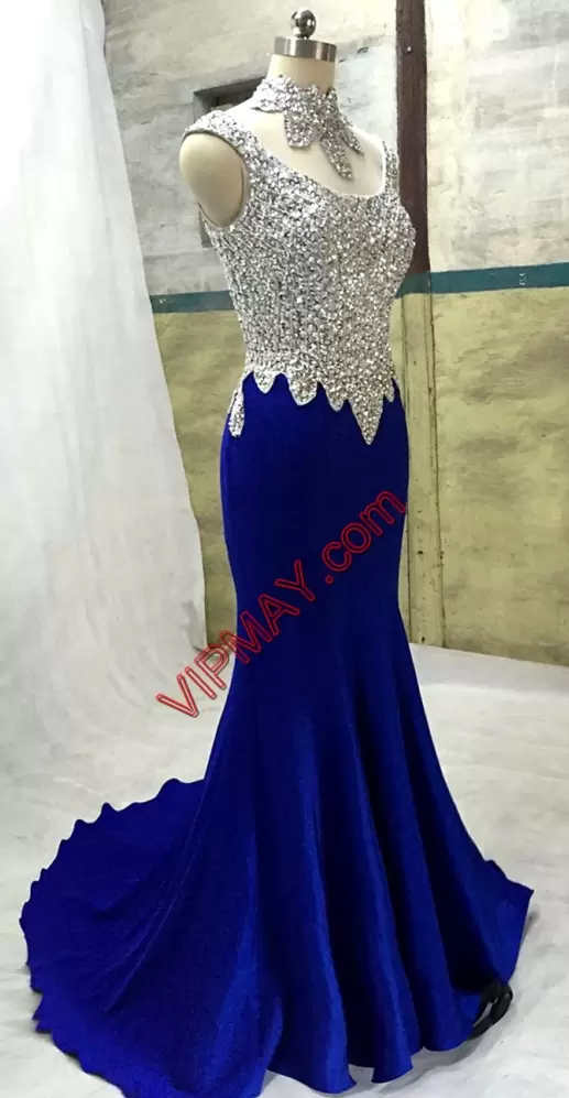Satin Scoop Sleeveless Sweep Train Backless Beading Prom Party Dress in Royal Blue