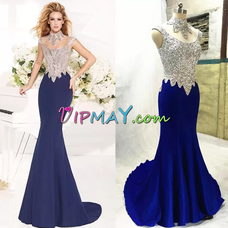 Satin Scoop Sleeveless Sweep Train Backless Beading Prom Party Dress in Royal Blue