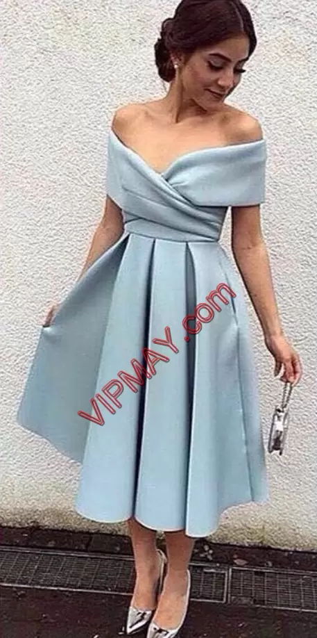 Off The Shoulder Cap Sleeves Tea Length Ruching Baby Blue Satin