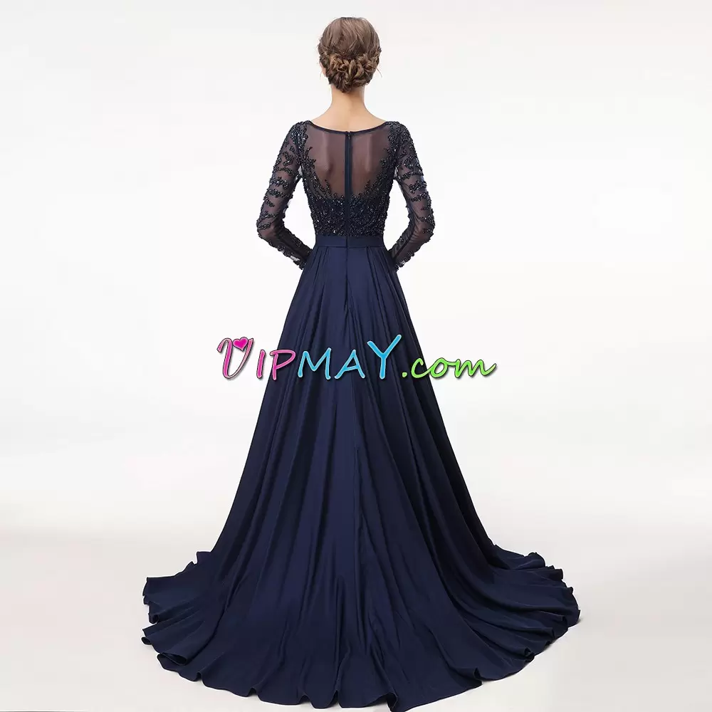 Trendy Black A-line Satin Sweetheart Long Sleeves Beading and Lace Floor Length Lace Up Evening Outfits Sweep Train